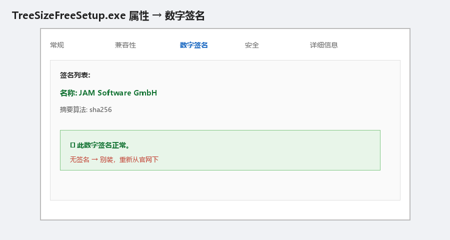 右键安装包 → 数字签名，发布者 JAM Software GmbH