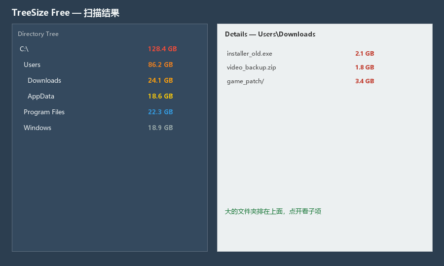 左侧树状目录按占用排序，右侧显示大小与占比