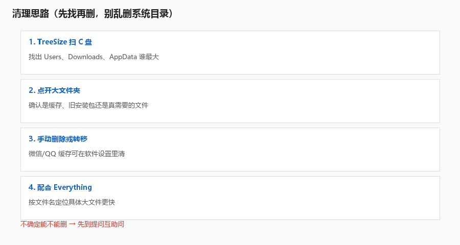 找出 Users\Downloads、AppData 等大目录，再手动删或配合 Everything 定位