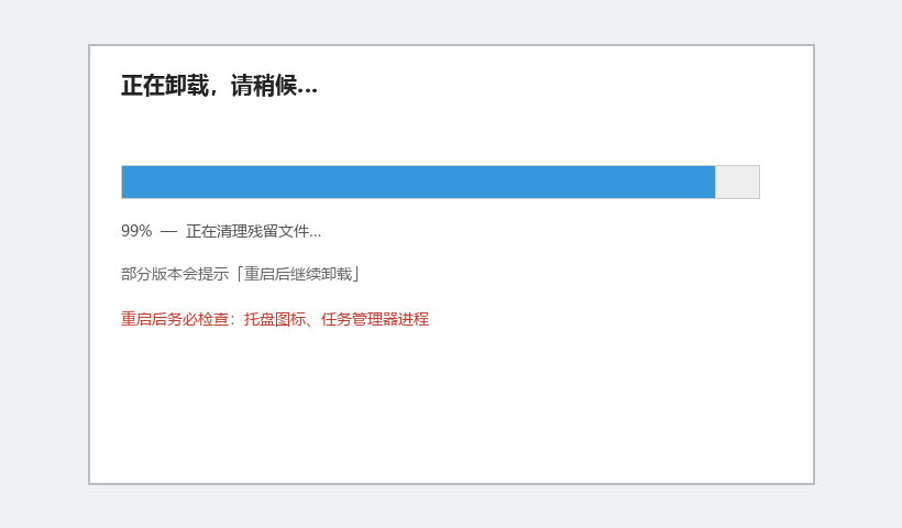 进度条停 99% 或要求重启 — 重启后务必确认托盘与进程是否还在