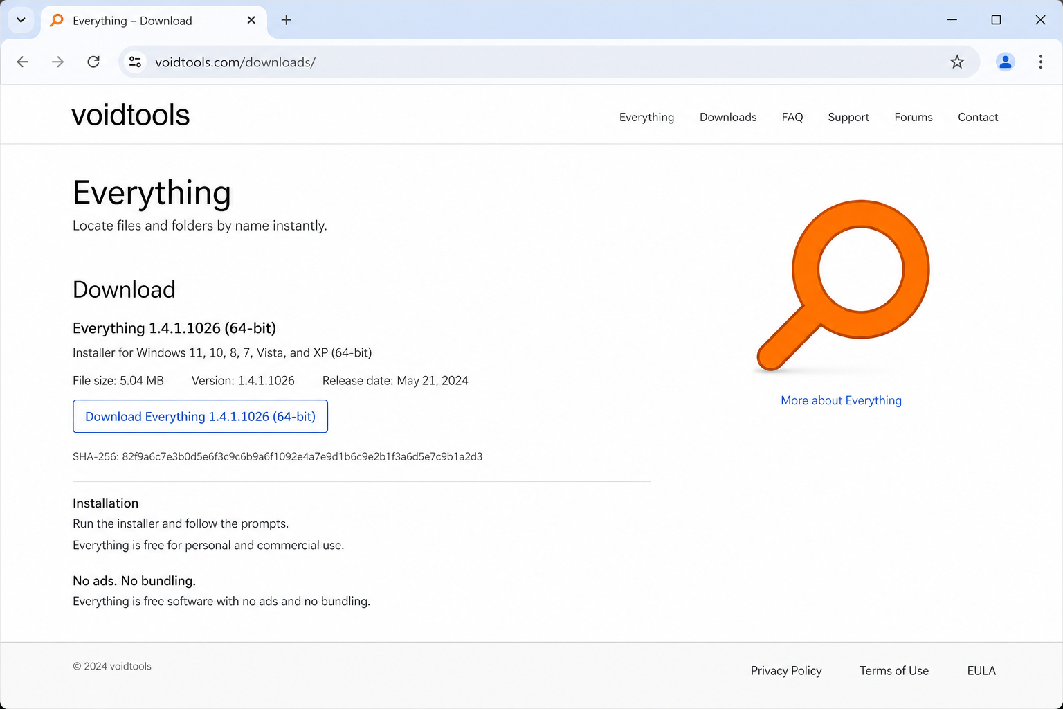 右：官网 voidtools.com — 页面干净，安装包体积正常（约 5MB）
